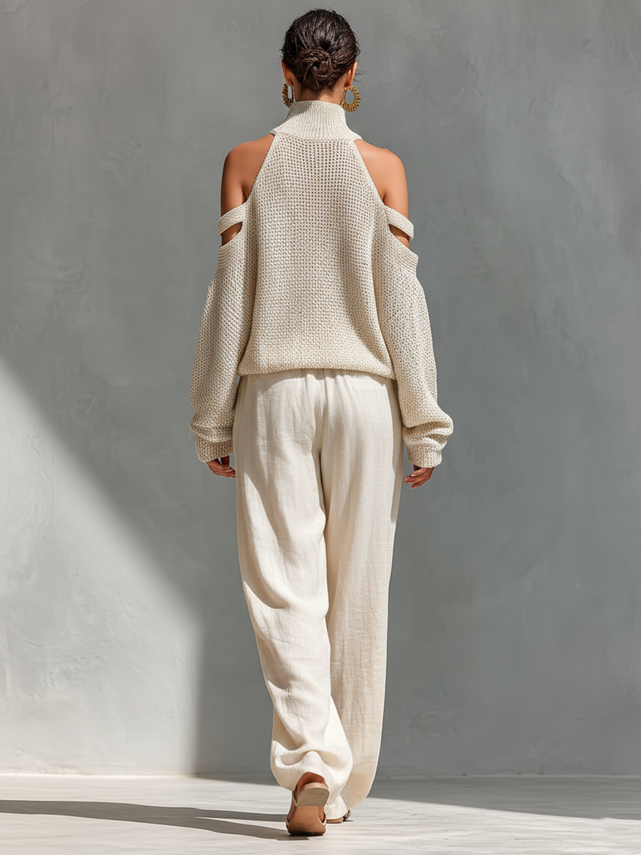 Bella Women's Knit Set | Cold-Shoulder Turtleneck, Wide-Leg Pants, Knitted Loungewear 1