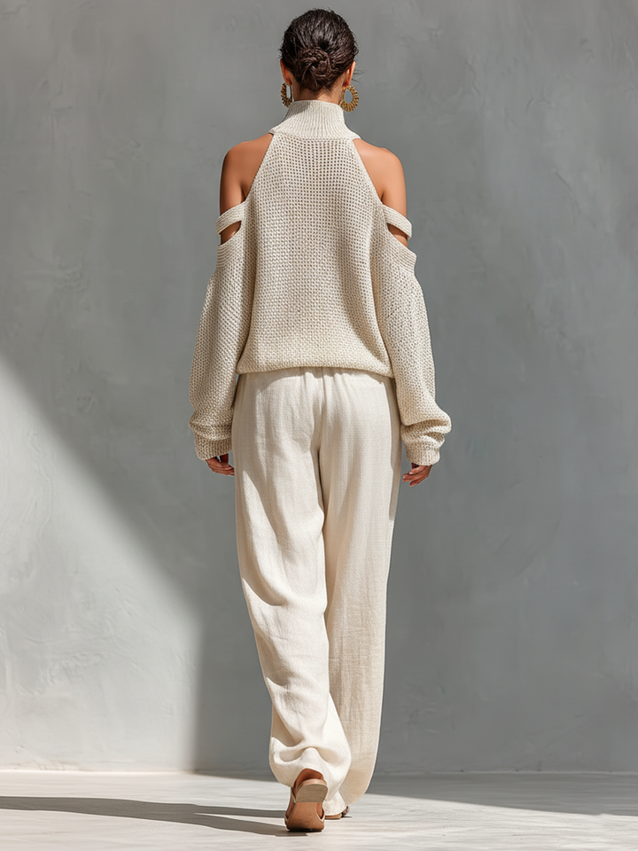 Bella Women's Knit Set | Cold-Shoulder Turtleneck, Wide-Leg Pants, Knitted Loungewear 1
