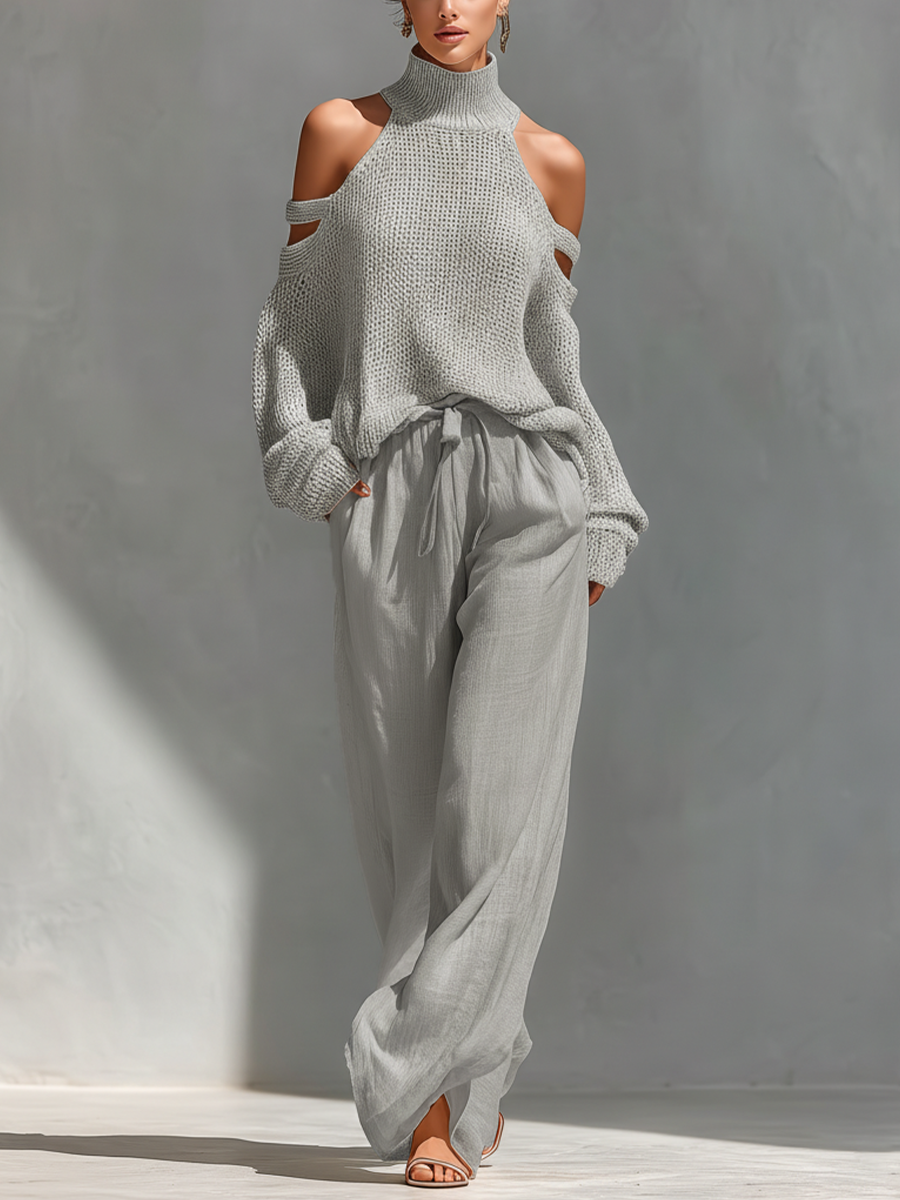 Bella Women's Knit Set | Cold-Shoulder Turtleneck, Wide-Leg Pants, Knitted Loungewear 2