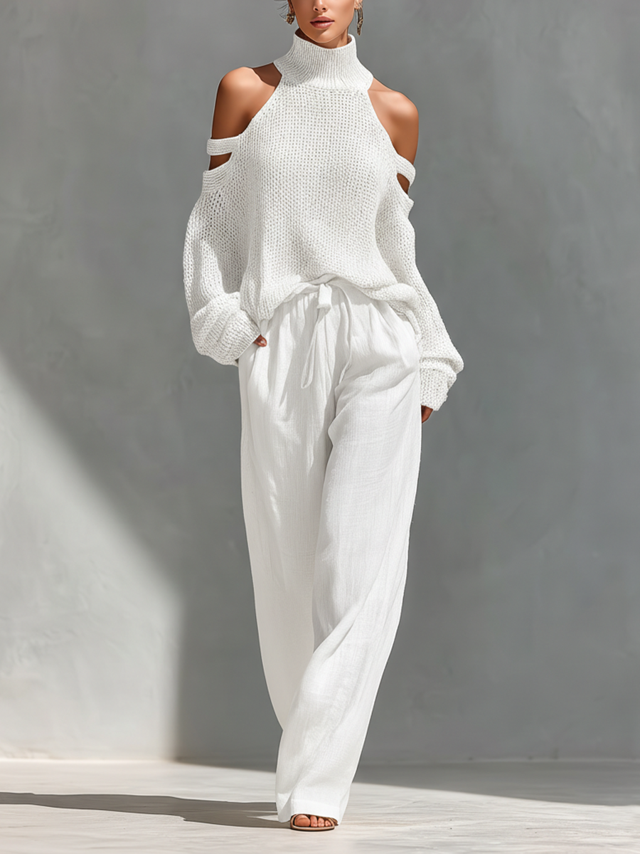 Bella Women's Knit Set | Cold-Shoulder Turtleneck, Wide-Leg Pants, Knitted Loungewear 3