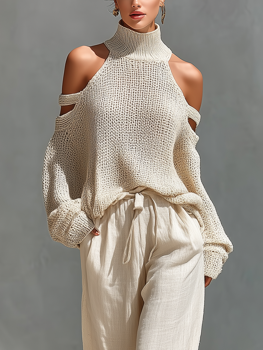 Bella Women's Knit Set | Cold-Shoulder Turtleneck, Wide-Leg Pants, Knitted Loungewear 4