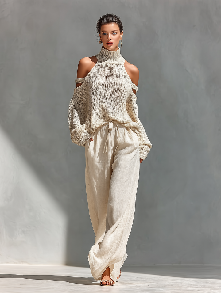 Bella Women's Knit Set | Cold-Shoulder Turtleneck, Wide-Leg Pants, Knitted Loungewear 6