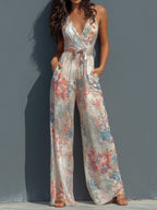 Bora Elegant Jumpsuit | Satin Halter, Wide-Leg Floral Design 0