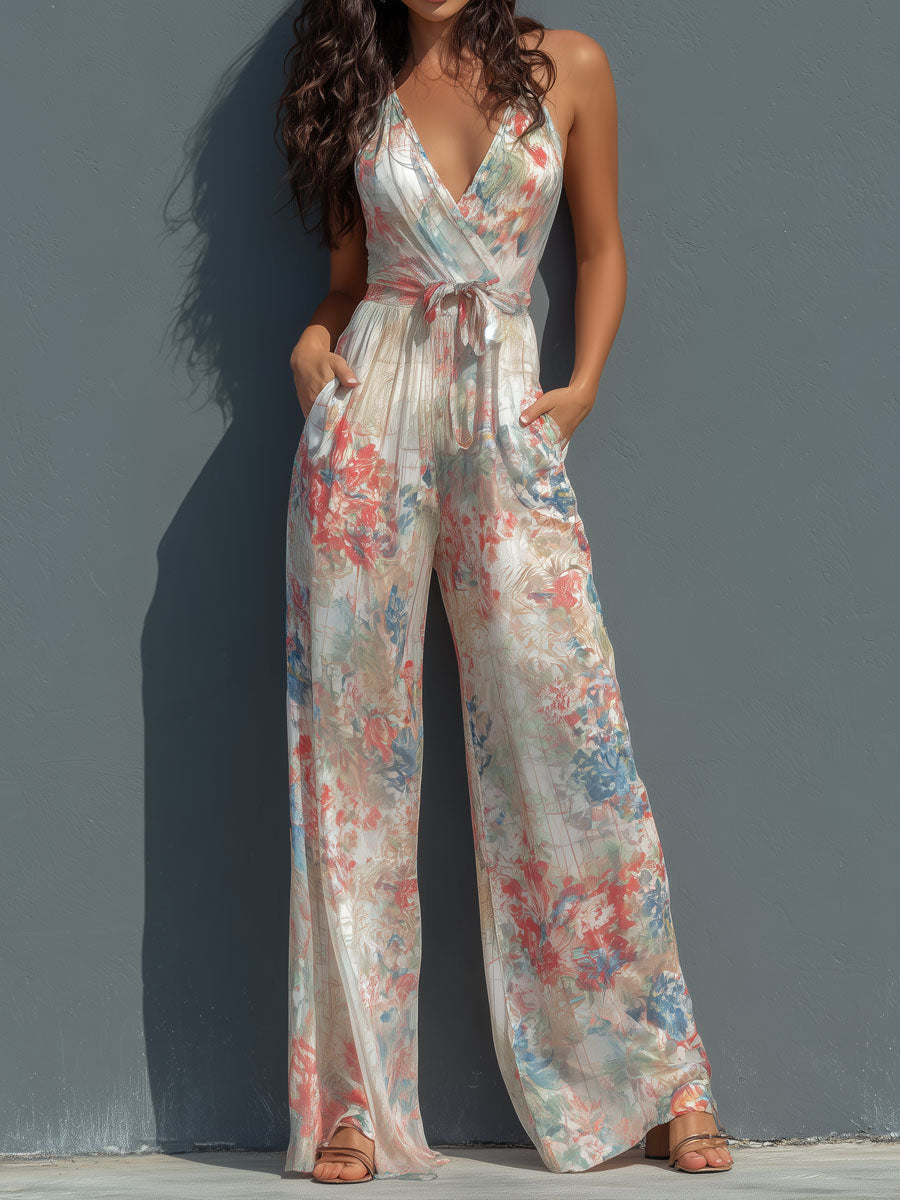 Bora Elegant Jumpsuit | Satin Halter, Wide-Leg Floral Design 0
