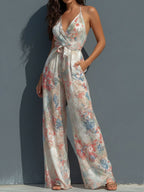 Bora Elegant Jumpsuit | Satin Halter, Wide-Leg Floral Design 1