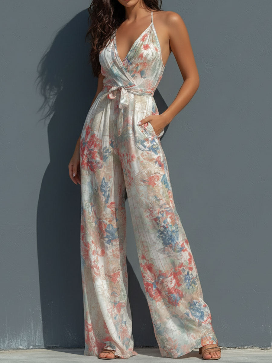 Bora Elegant Jumpsuit | Satin Halter, Wide-Leg Floral Design 1