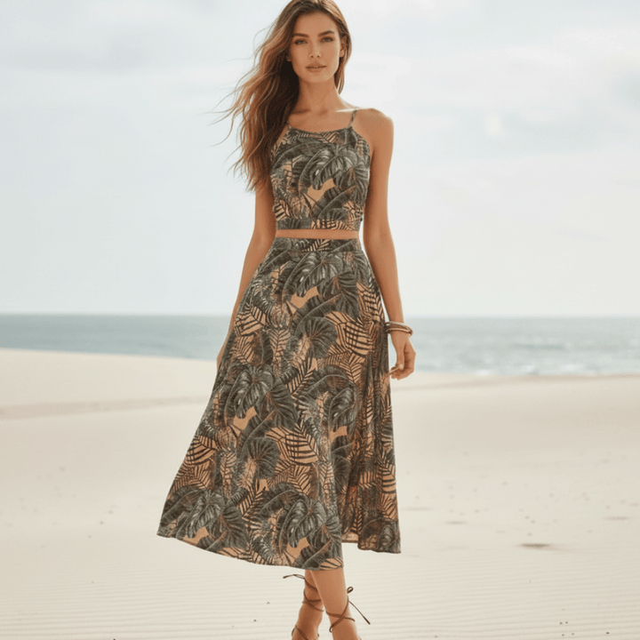 Bora Floral Set | Two-Piece Crop Top and Midi Skirt, Lightweight A-Line Design 0