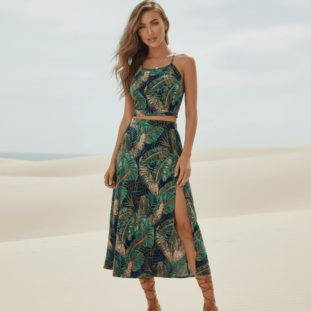 Bora Floral Set | Two-Piece Crop Top and Midi Skirt, Lightweight A-Line Design 1