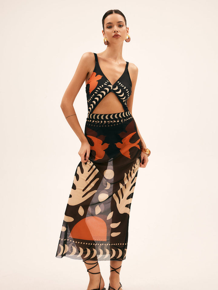 Breezy Bird Print Maxi Skirt | Mesh Fabric, Regular Fit, Long Skirt for Women 0