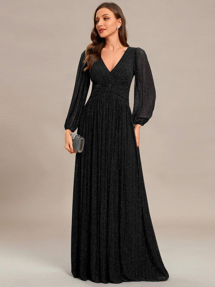 Brym Evening Gown | Glittery Sequin, Empire Waist, Long Lantern Sleeves 0