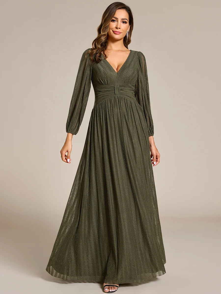 Brym Evening Gown | Glittery Sequin, Empire Waist, Long Lantern Sleeves 17