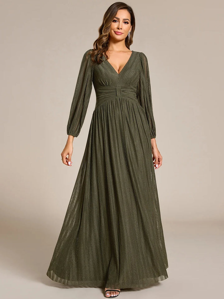 Brym Evening Gown | Glittery Sequin, Empire Waist, Long Lantern Sleeves 17