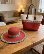 Chic Floppy Hat & Handbag Set | Durable Straw Woven, Patchwork Design 0