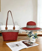 Chic Floppy Hat & Handbag Set | Durable Straw Woven, Patchwork Design 2
