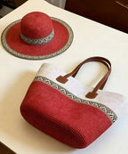 Chic Floppy Hat & Handbag Set | Durable Straw Woven, Patchwork Design 3
