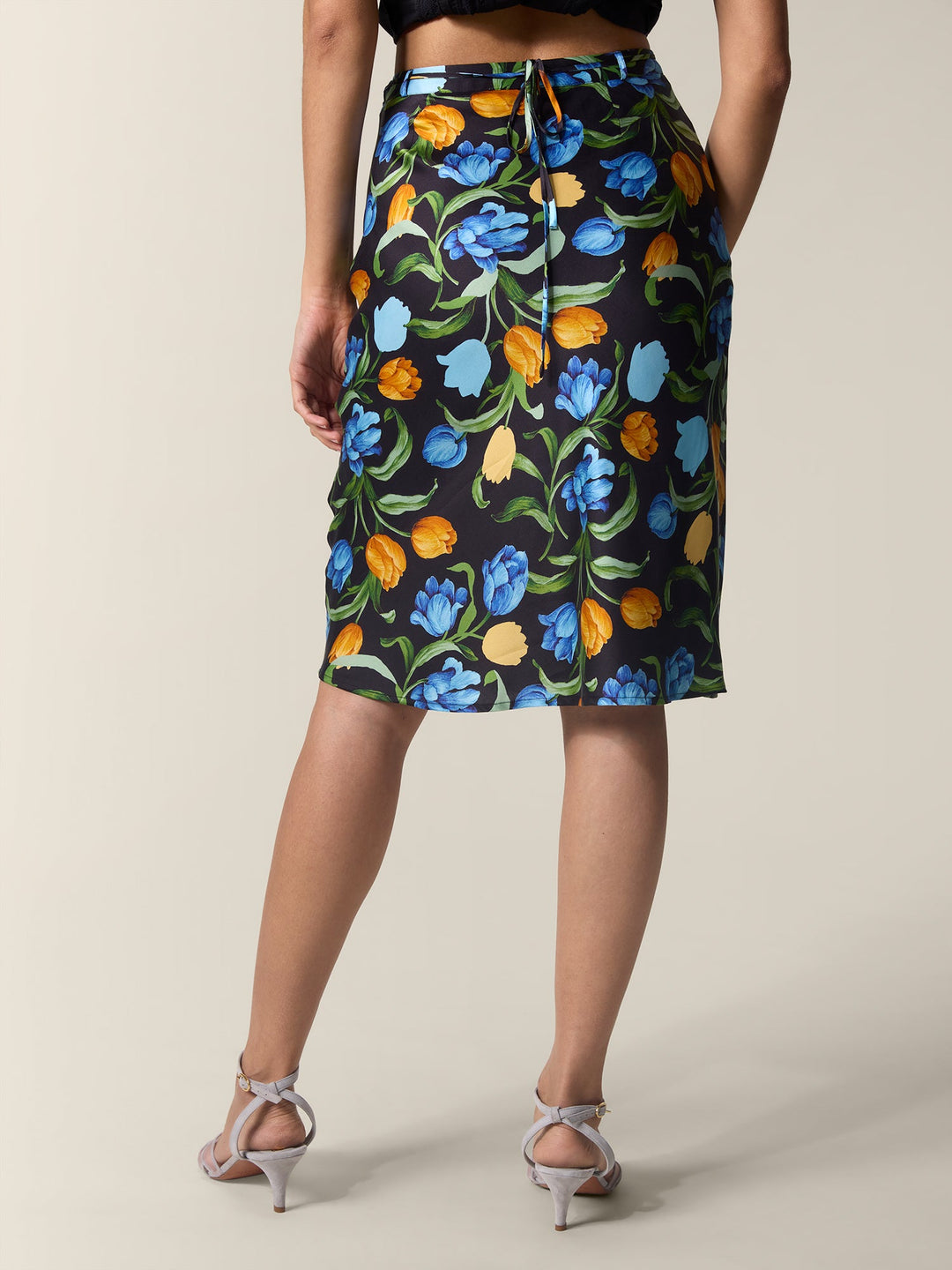 Cora Midi Skirt | Black Floral Print, Bias Cut, Flattering Fit 4