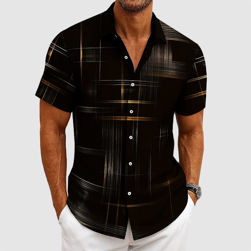 Crisp Mens Short Sleeve Button Up | Silk-Feel, Geometric Pattern 0