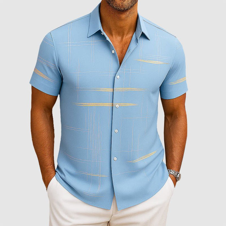 Crisp Mens Short Sleeve Button Up | Silk-Feel, Geometric Pattern 1