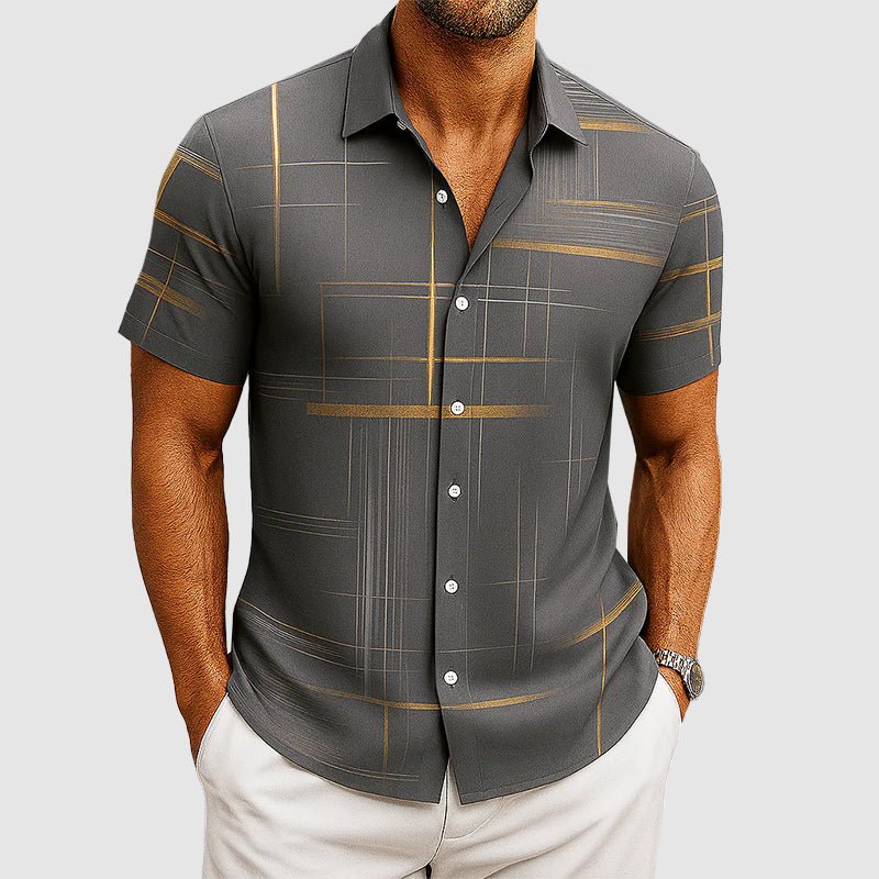 Crisp Mens Short Sleeve Button Up | Silk-Feel, Geometric Pattern 2