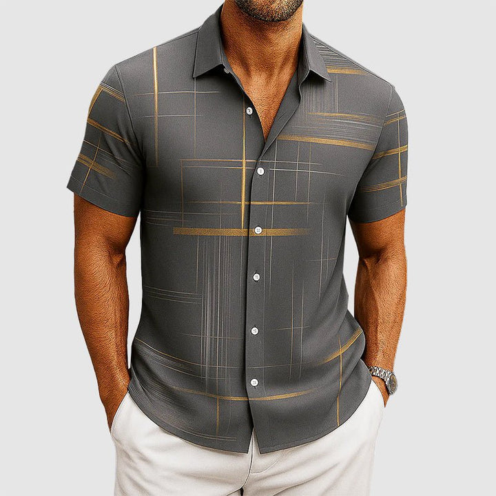 Crisp Mens Short Sleeve Button Up | Silk-Feel, Geometric Pattern 2