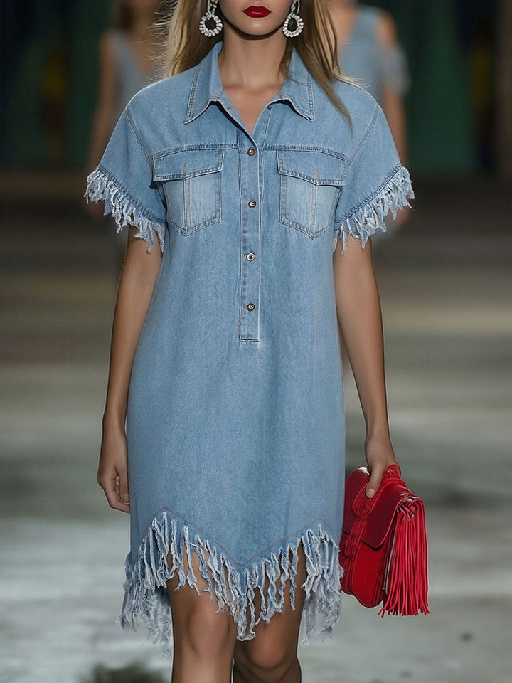 Dara Denim Dress | Vintage Loose Fit, Mini Length with Tassel Details 0