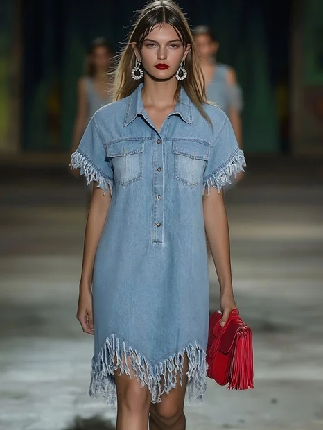 Dara Denim Dress | Vintage Loose Fit, Mini Length with Tassel Details 3