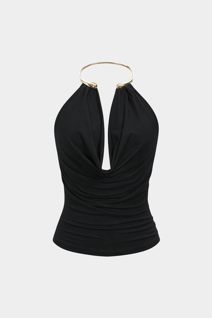 Dare Cowl Halter Neck Top | Metallic Backless Design, Relaxed Fit 4