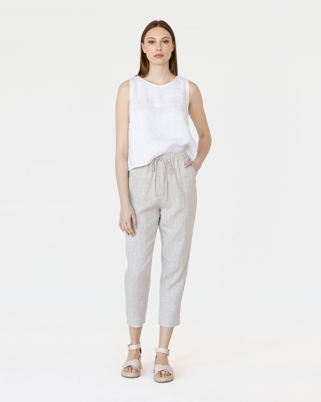 Dazzle Linen Pants Women | Relaxed Fit, White Ankle Length 6