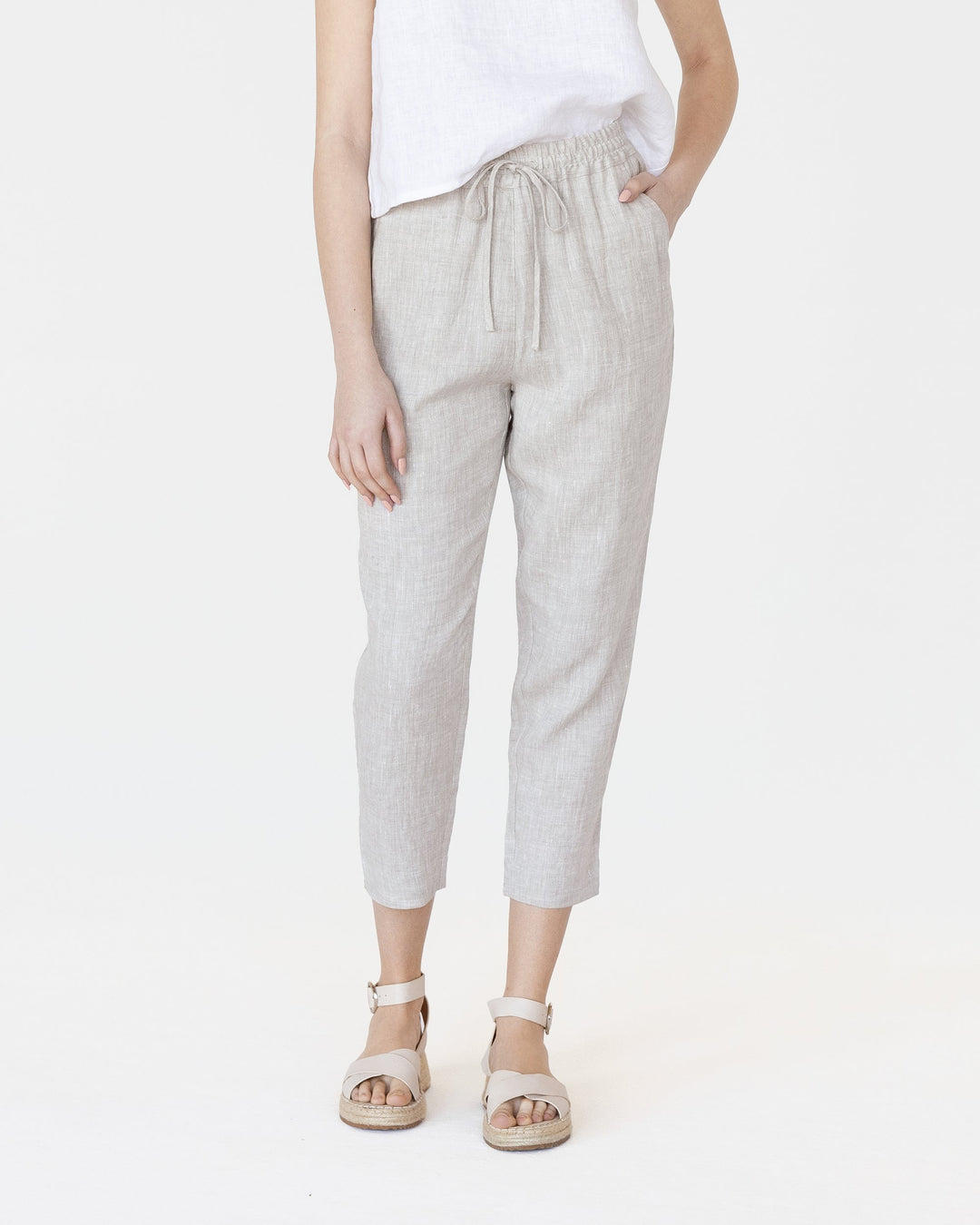 Dazzle Linen Pants Women | Relaxed Fit, White Ankle Length 7
