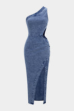 Dazzle Midi Dress | One Shoulder, Asymmetrical Cut-Out, Denim 0