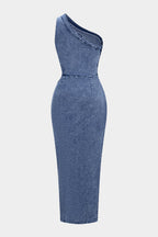 Dazzle Midi Dress | One Shoulder, Asymmetrical Cut-Out, Denim 1