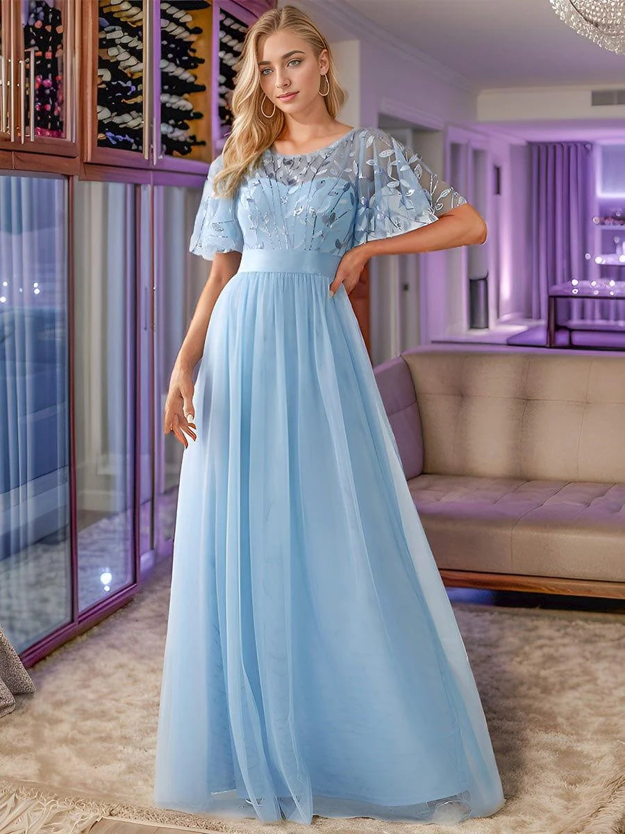 Elysia Maxi Dress | Sequin Leaf Design, Short Sleeves, A-Line, Floor-Length 0