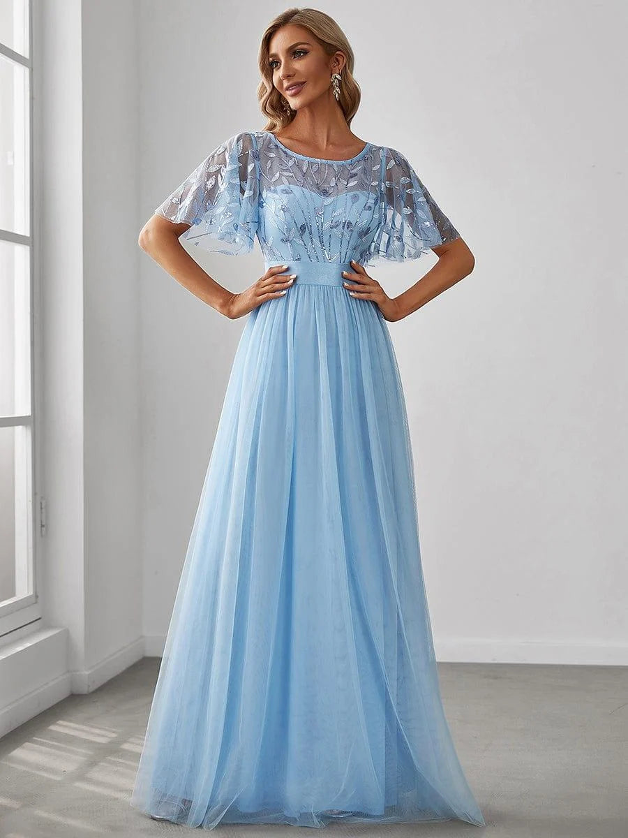 Elysia Maxi Dress | Sequin Leaf Design, Short Sleeves, A-Line, Floor-Length 1