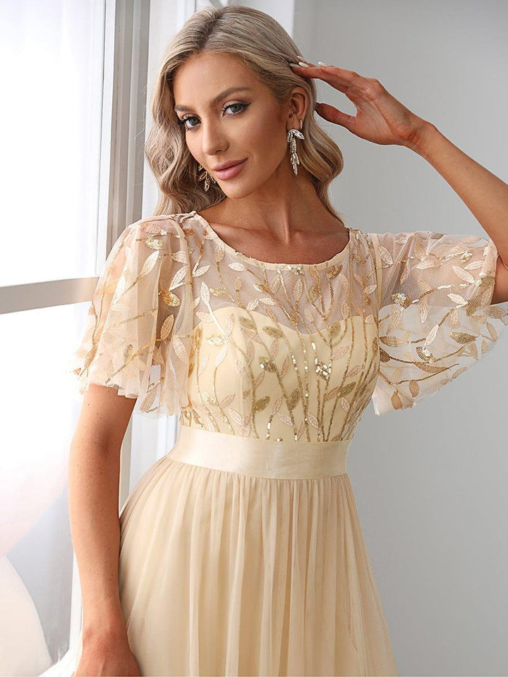 Elysia Maxi Dress | Sequin Leaf Design, Short Sleeves, A-Line, Floor-Length 10