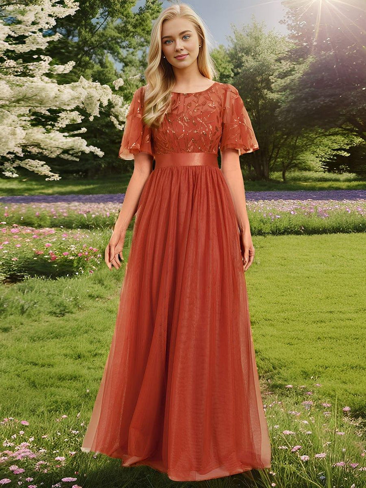 Elysia Maxi Dress | Sequin Leaf Design, Short Sleeves, A-Line, Floor-Length 11