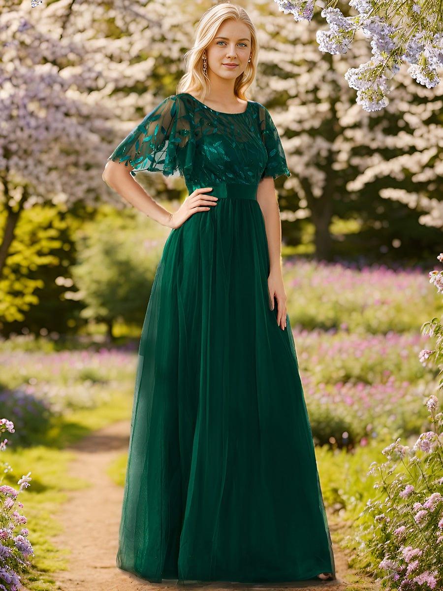 Elysia Maxi Dress | Sequin Leaf Design, Short Sleeves, A-Line, Floor-Length 12