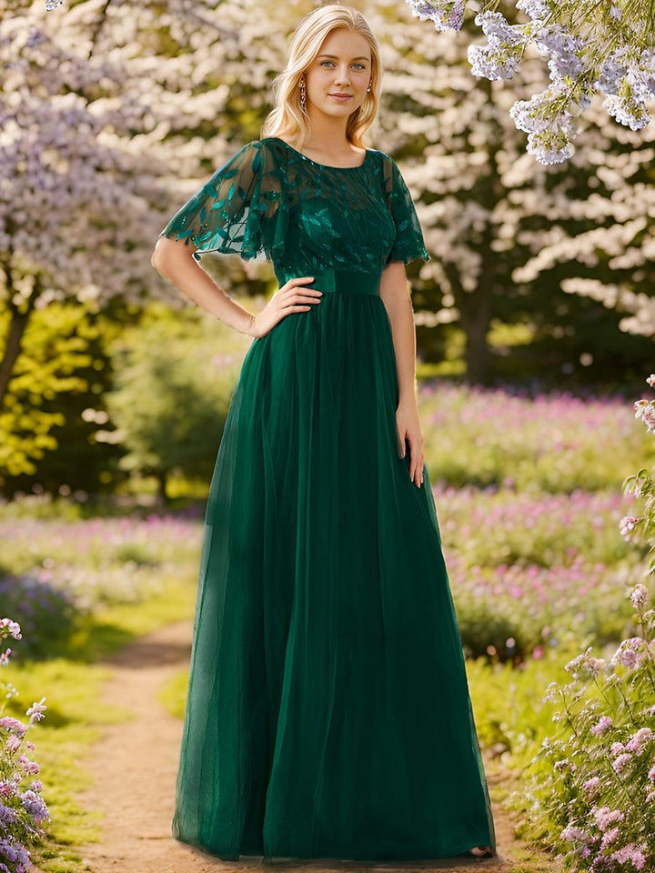 Elysia Maxi Dress | Sequin Leaf Design, Short Sleeves, A-Line, Floor-Length 12