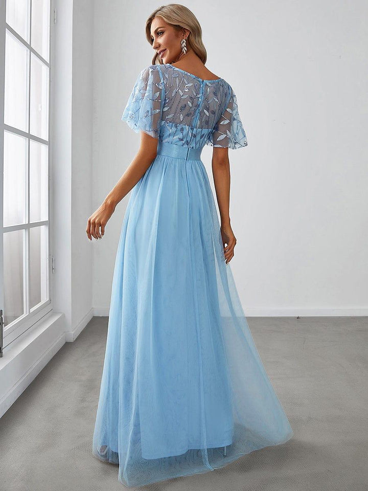 Elysia Maxi Dress | Sequin Leaf Design, Short Sleeves, A-Line, Floor-Length 2