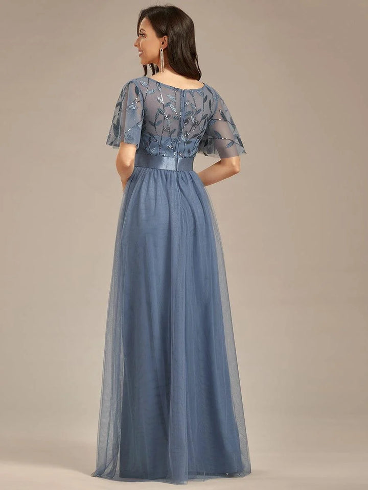Elysia Maxi Dress | Sequin Leaf Design, Short Sleeves, A-Line, Floor-Length 4