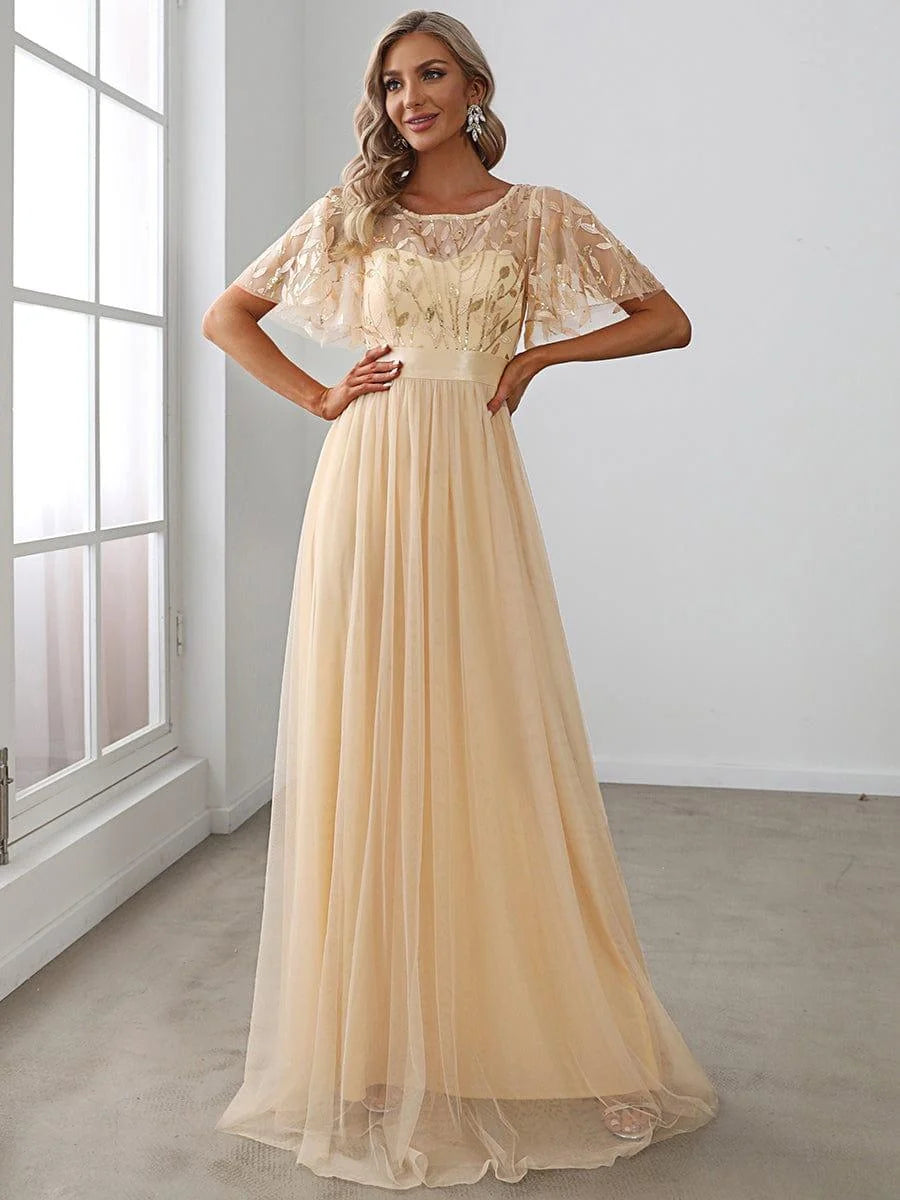 Elysia Maxi Dress | Sequin Leaf Design, Short Sleeves, A-Line, Floor-Length 5