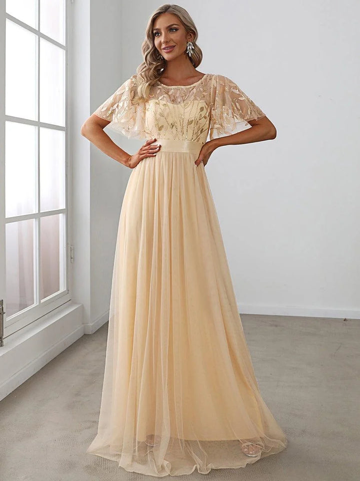 Elysia Maxi Dress | Sequin Leaf Design, Short Sleeves, A-Line, Floor-Length 5