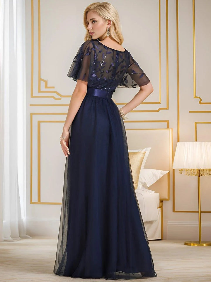 Elysia Maxi Dress | Sequin Leaf Design, Short Sleeves, A-Line, Floor-Length 8