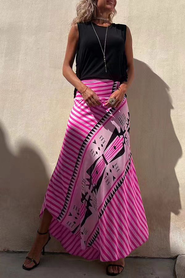 Elysian Maxi Skirt in satin with a geometric print, ankle-length long skirt for women, perfect for stylish and comfortable outfits. - 11