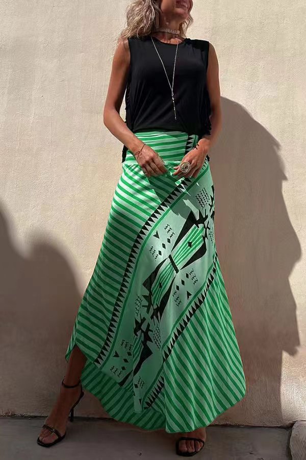 Elysian Maxi Skirt in satin with a geometric print, ankle-length long skirt for women, perfect for stylish and comfortable outfits. - 12
