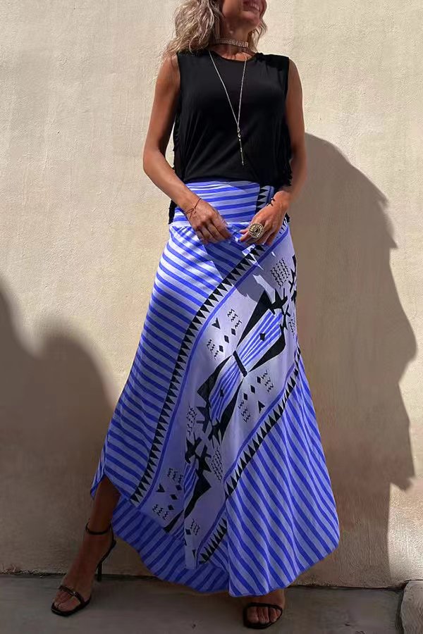 Elysian Maxi Skirt in satin with a geometric print, ankle-length long skirt for women, perfect for stylish and comfortable outfits. - 13