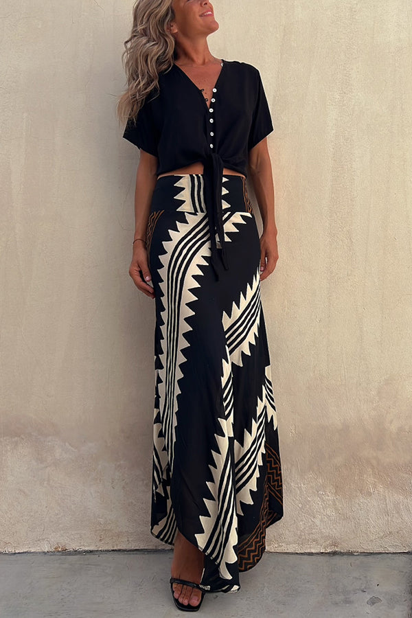 Elysian Maxi Skirt in satin with a geometric print, ankle-length long skirt for women, perfect for stylish and comfortable outfits. - 3