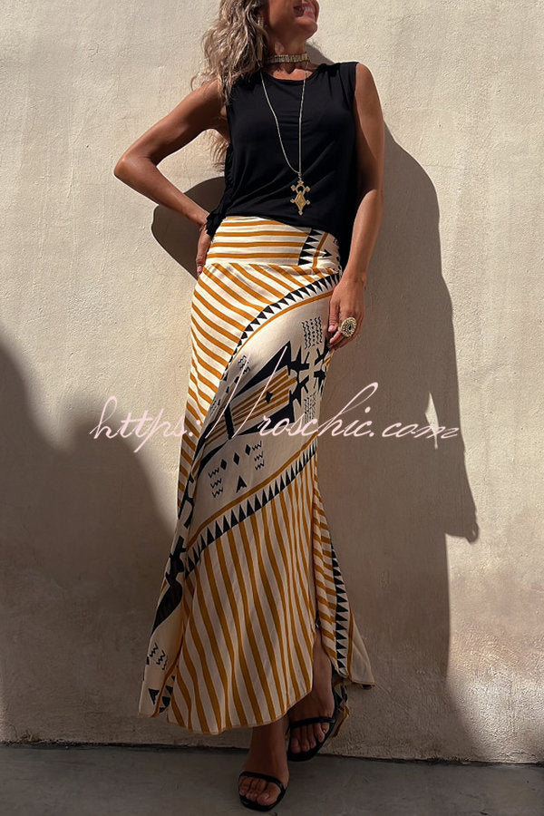 Elysian Maxi Skirt in satin with a geometric print, ankle-length long skirt for women, perfect for stylish and comfortable outfits. - 7