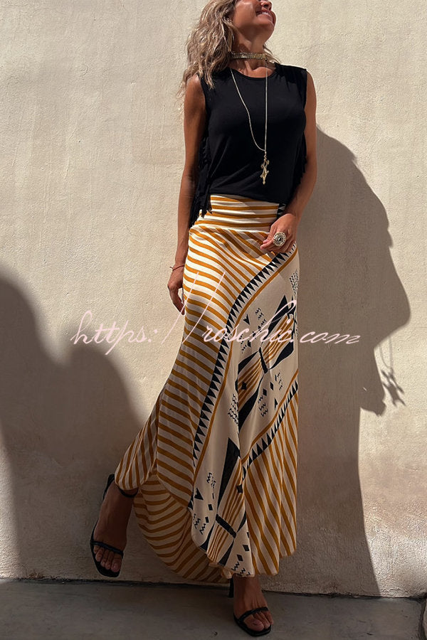 Elysian Maxi Skirt in satin with a geometric print, ankle-length long skirt for women, perfect for stylish and comfortable outfits. - 8