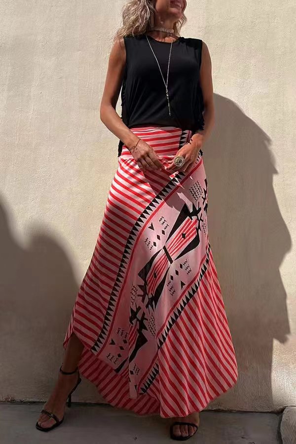 Elysian Maxi Skirt in satin with a geometric print, ankle-length long skirt for women, perfect for stylish and comfortable outfits. - 10