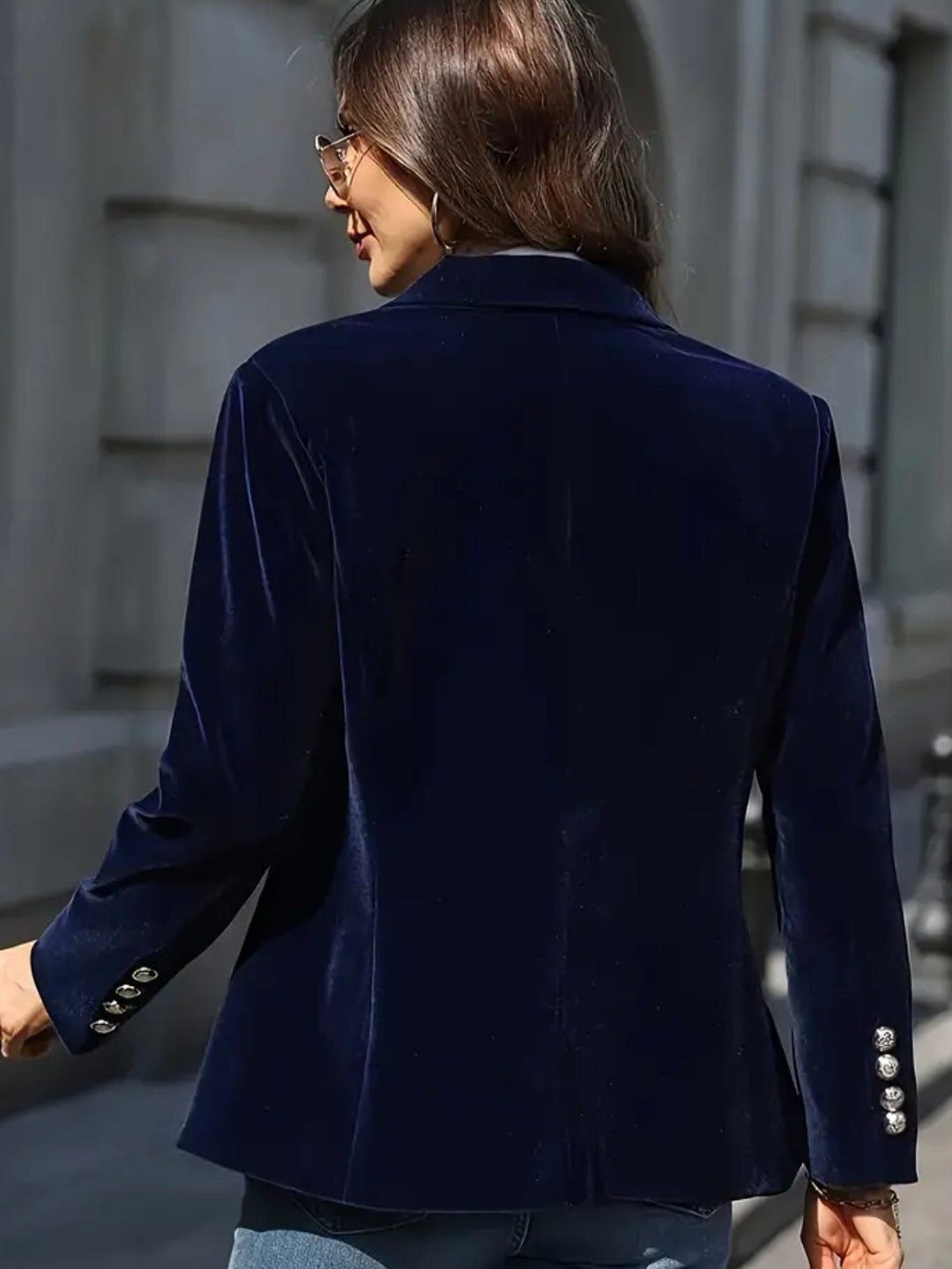 Women's Velvet Blazer, Navy, Gold Buttons, Holiday Party Outfit